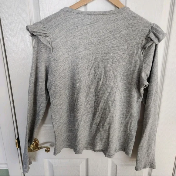 Frame Denim Women Large Heather Grey Ruffle Shoulder Long Sleeve Pullover Shirt - Picture 5 of 7